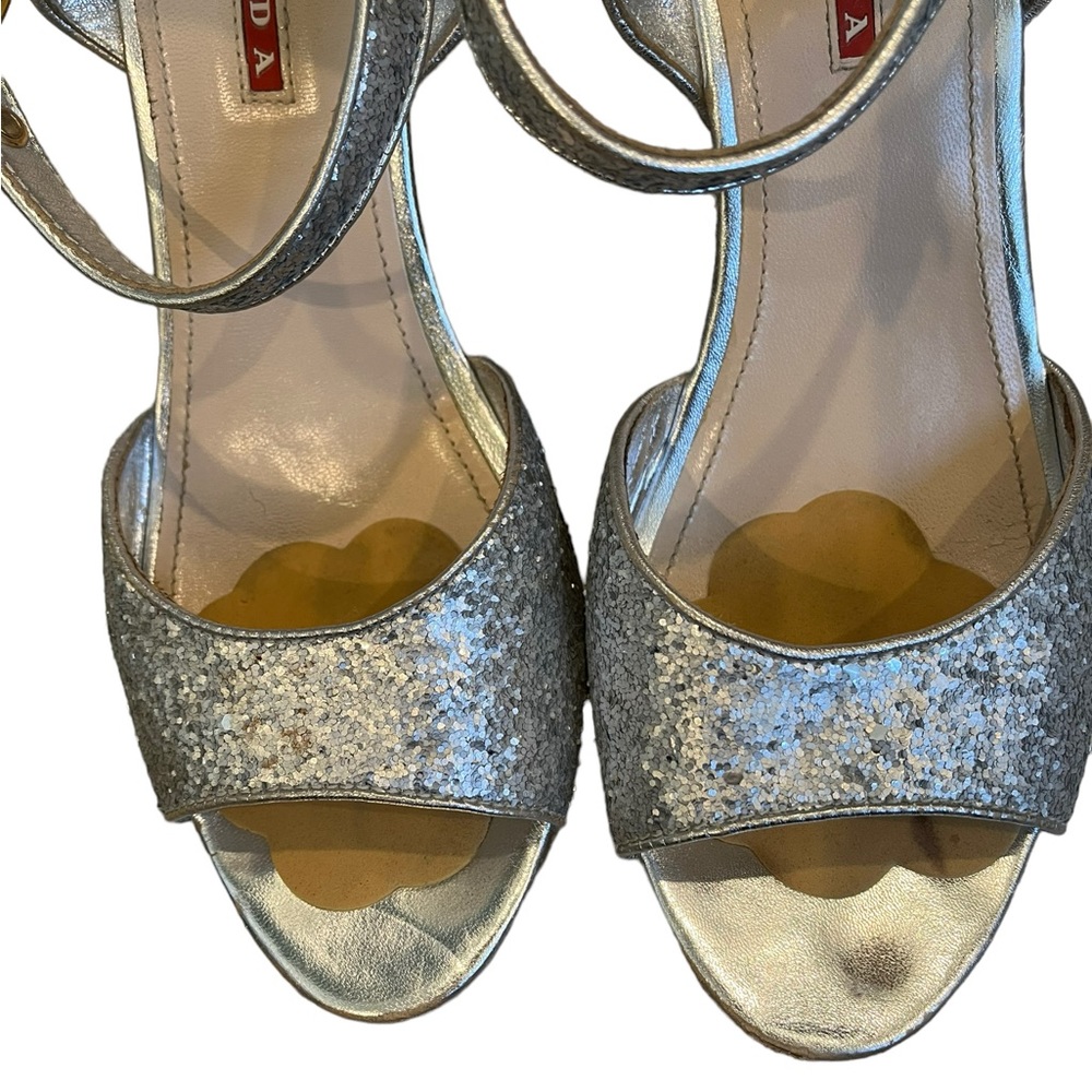 Prada Silver Glitter Cork Wedge Sandal, Sz 40 - Picture 3 of 16